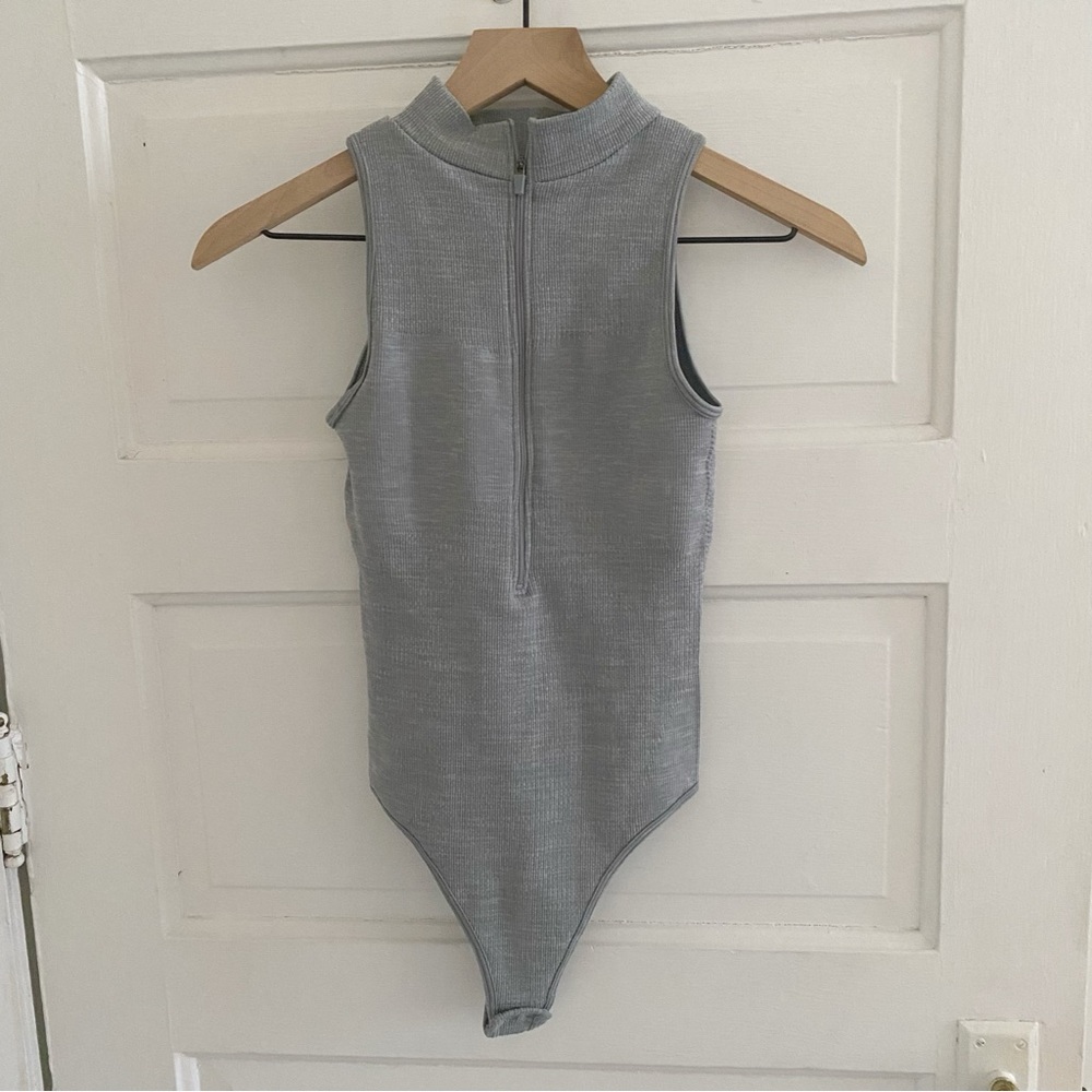 poof new york gray zip front high neck bodysuit size s small